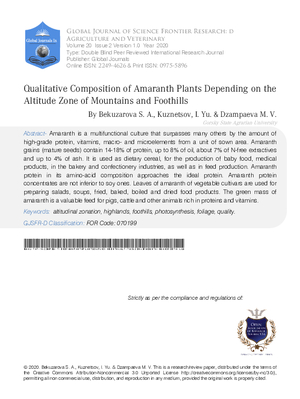 Qualitative Composition of Amaranth Plants Depending on the Altitude  Zone of Mountains and Foothills