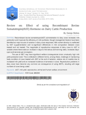 Review on: Effect of using Recombinant Bovine Somatotropin (RBST) Hormone on Dairy Cattle Production