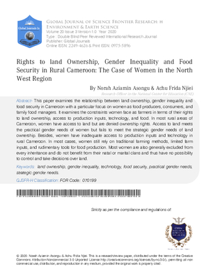 Rights to Land Ownership, Gender Inequality and Food Security in Rural Cameroon: The Case of  Women in the North West Region