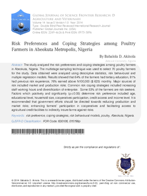 Risk Preferences and Coping Strategies among Poultry Farmers in Abeokuta Metropolis, Nigeria