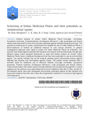 Screening of Indian Medicinal Plants and their potentials as Antimicrobial Agents