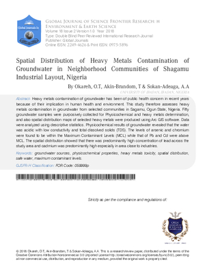 Spatial Distribution of Heavy Metals Contamination of Groundwater in Neighborhood Communities of Shagamu Industrial Layout, Nigeria