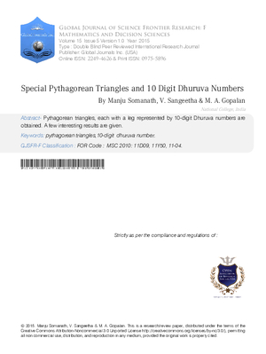 Special Pythagorean Triangles and 10 Digit Dhuruva Numbers