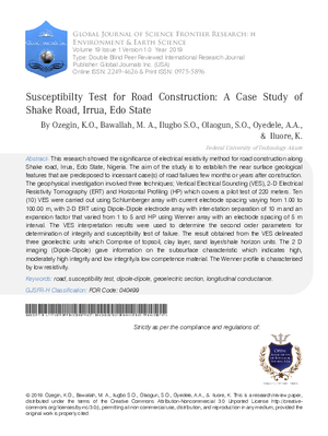 Susceptibilty Test for Road Construction: A Case Study of Shake Road, Irrua, Edo State