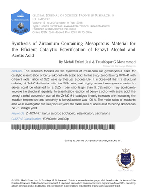 Synthesisof Zirconium Containing Mesoporous Material for the Efficient Catalytic Esterification of Benzyl Alcohol and Acetic Acid