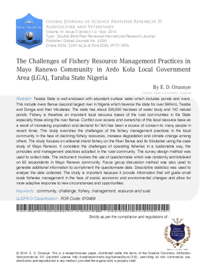 The Challenges of Fishery Resource Management Practices in Mayo Ranewo Community in Ardo Kola Local Government Area (LGA), Taraba State Nigeria