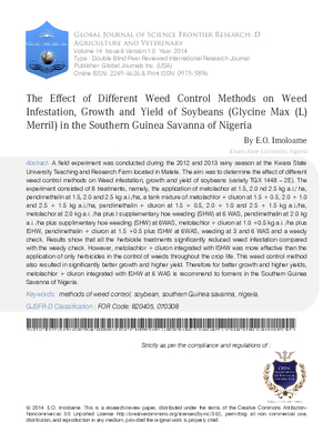 The Effect of Different Weed Control Methods on Weed Infestation, Growth and Yield of Soybeans (Glycine max (L) Merril) in the Southern Guinea Savanna of Nigeria