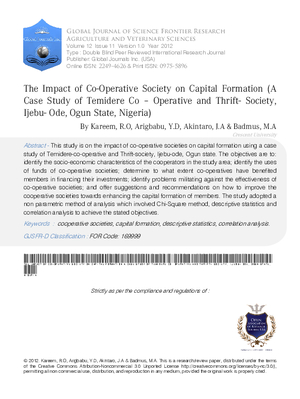 The Impact of Co-Operative Society on Capital Formation. (A Case Study of Temidere  Co a Operative and Thrift- Society, Ijebu- Ode, Ogun State, Nigeria)
