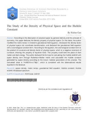 The Study of the Density of Physical Space and the  Hubble Constant