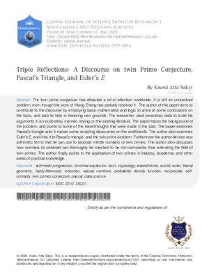 Triple Reflections- A Discourse on Twin Prime Conjecture, Pascals Triangle, and Eulers e