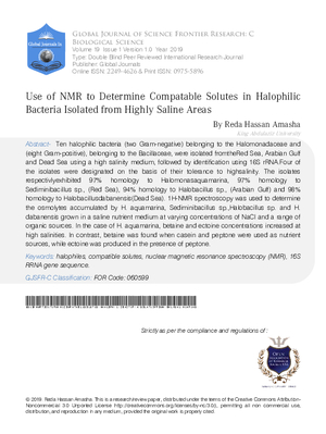 Use of NMR to Determine Compatable Solutes in Halophilic Bacteria Isolated from Highly Saline Areas