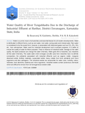 Water Quality of River Tungabhadra due to the Discharge of Industrial Effluent at Harihar, District Davanagere, Karnataka State, India