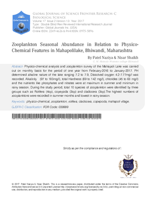 Zooplankton Seasonal Abundance in Relation to Physico-Chemical Features in Mahapoli Lake, Bhiwandi, Maharashtra