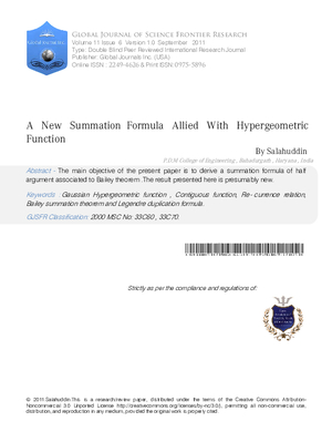 A New Summation Formula Allied With Hypergeometric Function