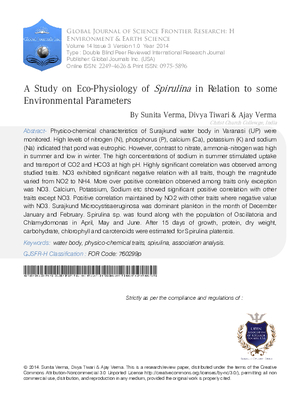 A Study on Eco-Physiology of Spirulina in Relation to some Environmental Parameters