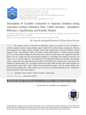 Adsorption of Cyanide Contained in Aqueous Solution using Activated Carbon Obtained from Coffee Residue: Adsorption Efficiency; Equilibrium and Kinetic Models