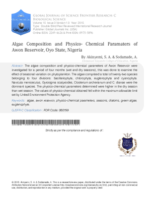 Algae Composition and Physico- Chemical Paramaters of Awon Reservoir, Oyo State, Nigeria