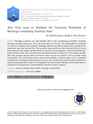 Aloe Vera used as Inhibitor for Corrosion Protection of Beverage Containing Stainless steel