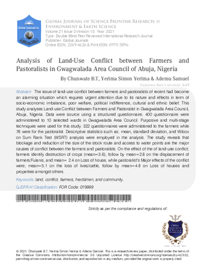 Analysis of Land-Use Conflict Between Farmers and Pasturalists in Gwagwalada Area Council of Abuja, Nigeria