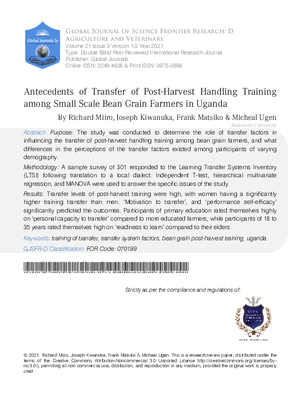 Antecedents of Transfer of Post-Harvest Handling Training among Small Scale Bean Grain Farmers in Uganda