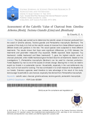 Assessment of the Calorific Value of Charcoal from Gmelina Arborea (Roxb), Tectona Grandis (Linn) and (Bentham)