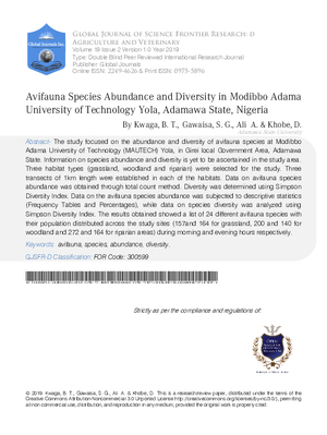 Avifauna Species Abundance and Diversity in Modibbo Adama University of Technology Yola, Adamawa State, Nigeria