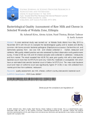 Bacteriological Quality Assessment of Raw Milk and Cheese in Selected Woreda of Wolaita Zone, Ethiopia