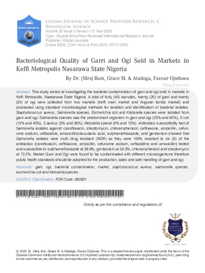 Bacteriological Quality of Garri and OGI Sold in Markets in Keffi Metropolis Nasarawa State Nigeria