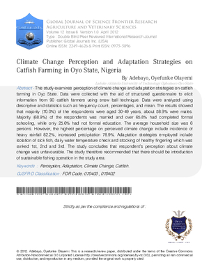 Climate Change Perception And Adaptation Strategies On Catfish Farming In Oyo State, Nigeria
