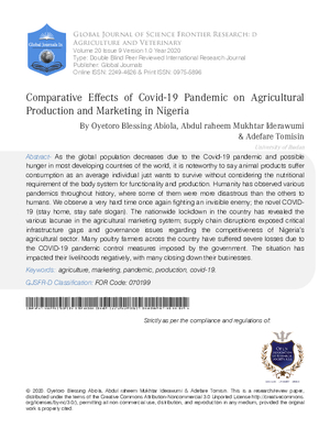 Comparative Effects of Covid-19 Pandemic on Agricultural Production and Marketing in Nigeria