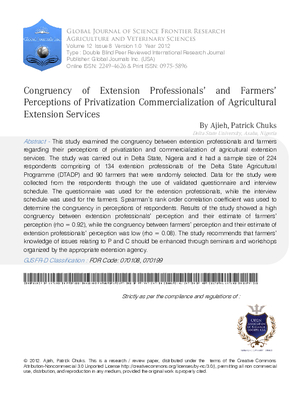 Congruency of Extension Professionalsa and Farmersa Perceptions of Privatization Commercialization of Agricultural Extension Services
