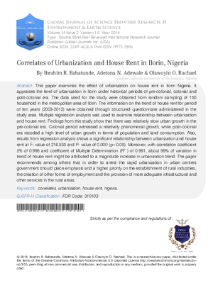 Correlates of Urbanization and House Rent in Ilorin, Nigeria