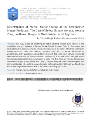 Determinants of Market Outlet Choice of the Smallholder Mango Producers: The Case of Boloso Bombe Woreda, Wolaita Zone, Southern Ethiopia: A Multivariate Probit Approach