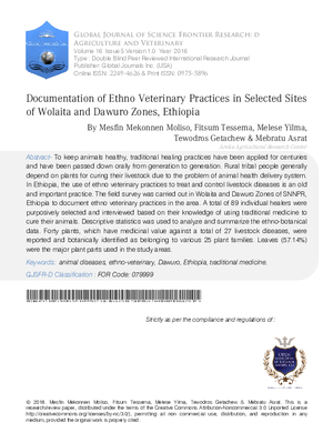 Documentation of Ethno Veterinary Practices in Selected Sites of Wolaita and Dawuro Zones, Ethiopia