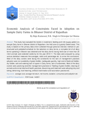 Economic Analysis of Constraints Faced in Adoption on Sample Dairy Farms in Bikaner District of Rajasthan