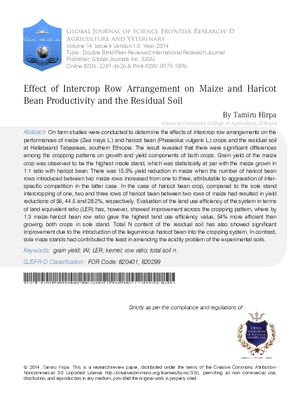 Effect of Intercrop Row Arrangement on Maize and Haricot Bean Productivityand the Residual Soil