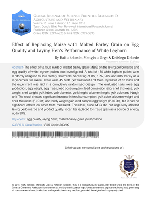Effect of Replacing Maize with Malted Barley Grain on Egg Quality and Laying Hens Performance of White Leghorn