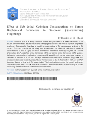 Effect of Sub Lethal Cadmium Concentrations on Serum Biochemical Parameters in Seabream (Sparusaurata) Fingerlings