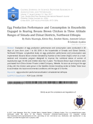 Egg Production Performance and Consumption in Households Engaged in Rearing Bovans Brown Chicken in three Altitude Ranges of Simada and Ebinat Districts,  Northwest Ethiopia