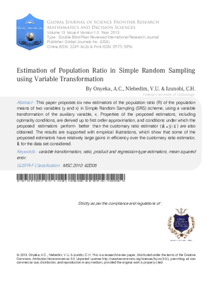 Estimation of Population Ratio in Simple Random Sampling using Variable Transformation