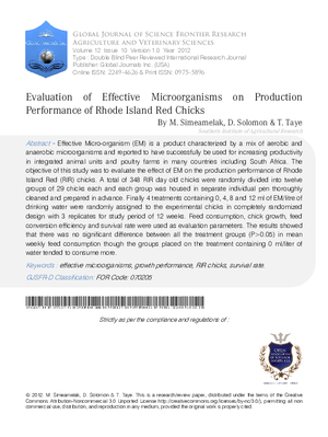 Evaluation of Effective Microorganisms on Production Performance of Rhode Island Red Chicks