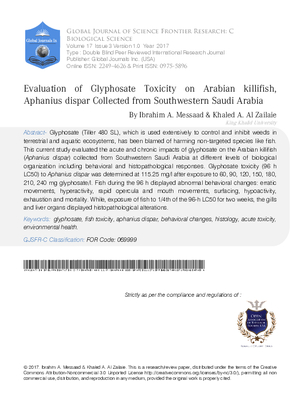 Evaluation of Glyphosate Toxicity on Arabian Killifish, Aphanius dispar Collected from  Southwestern Saudi Arabia