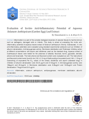 Evaluation of Invitro Anti-Inflammatory Potential of Aqueous Solanum Aethiopicum (Garden Egg) Leaf Extract