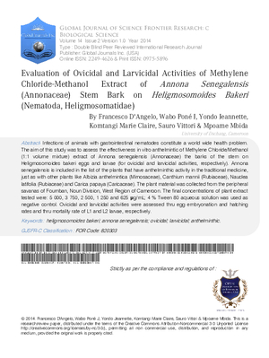 Evaluation of Ovicidal and Larvicidal Activities of Methylene Chloride-Methanol Extract of Annona Senegalensis (Annonaceae) Stem Bark on Heligmosomoides Bakeri (Nematoda, Heligmosomatidae)