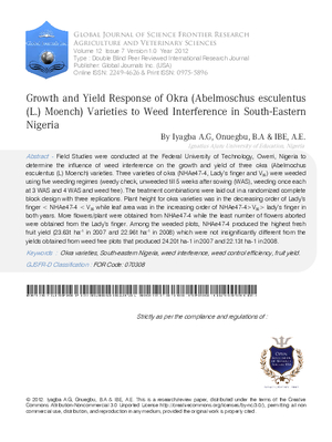 Growth and Yield Response of Okra (Abelmoschus Esculentus (L.) Moench) Varieties to Weed Interference in South-Eastern Nigeria