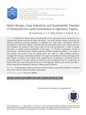 Herbal Recipes, Drug Indications and Sustainability Potential of Traditional Oral Liquid Formulations in Ogbomoso, Nigeria
