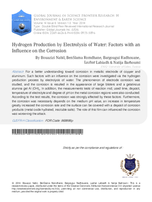 Hydrogen Production by Electrolysis of Water: Factors with an Influence on the Corrosion