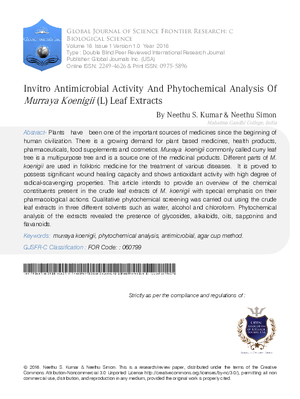 Invitro Antimicrobial Activity and Phytochemical Analysis of Murraya Koenigii (L) Leaf Extracts
