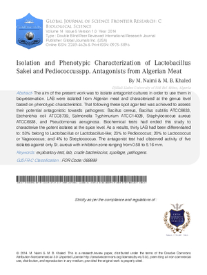 Isolation and Phenotypic Characterization of Lactobacillus Sakei and Pediococcus spp. Antagonists from Algerian Meat