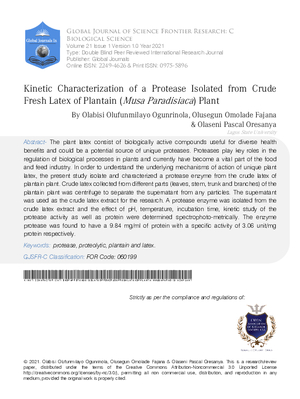 Kinetic Characterization of a Protease Isolated from Crude Fresh Latex of Plantain (Musa Paradisiaca) Plant